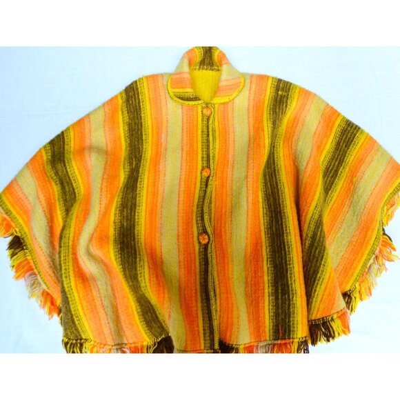 1970s BRIGHT Yellow & Orange Poncho Striped - Picture 2 of 9